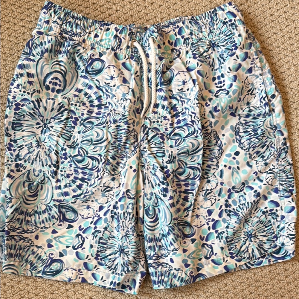 Lilly Pulitzer Blue and White boys swim trunks